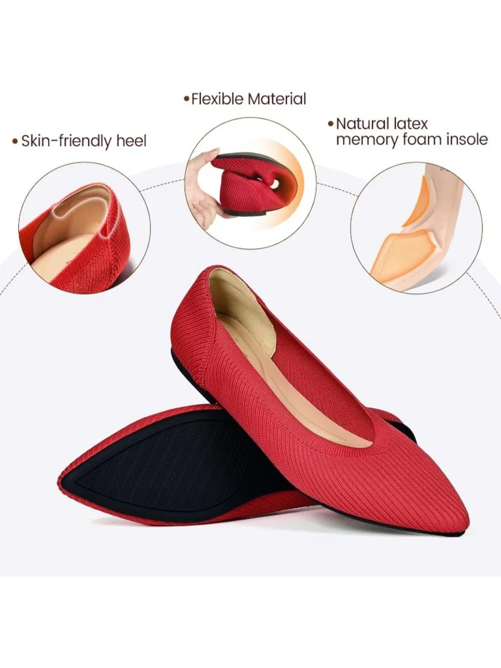 Women's Red Pointed Toe Comfort Foldable Slip On Dressy Knit Ballet Flat Shoes